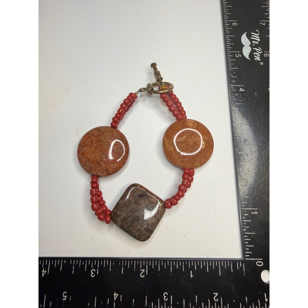 Artisan Chunky Stone Bead Bracelet Red Jasper Sunstone Fossil Toggle Clasp 8in